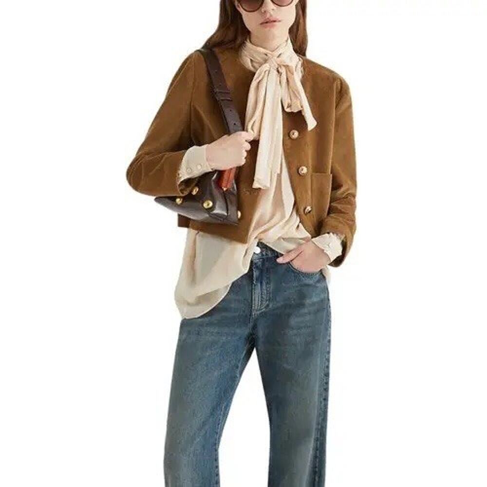 Marella Camel Brown Corduroy Chic Gold Button Crewneck Jacket - 8 $495